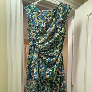 Kay Unger Ruched Dress in Blue and Green